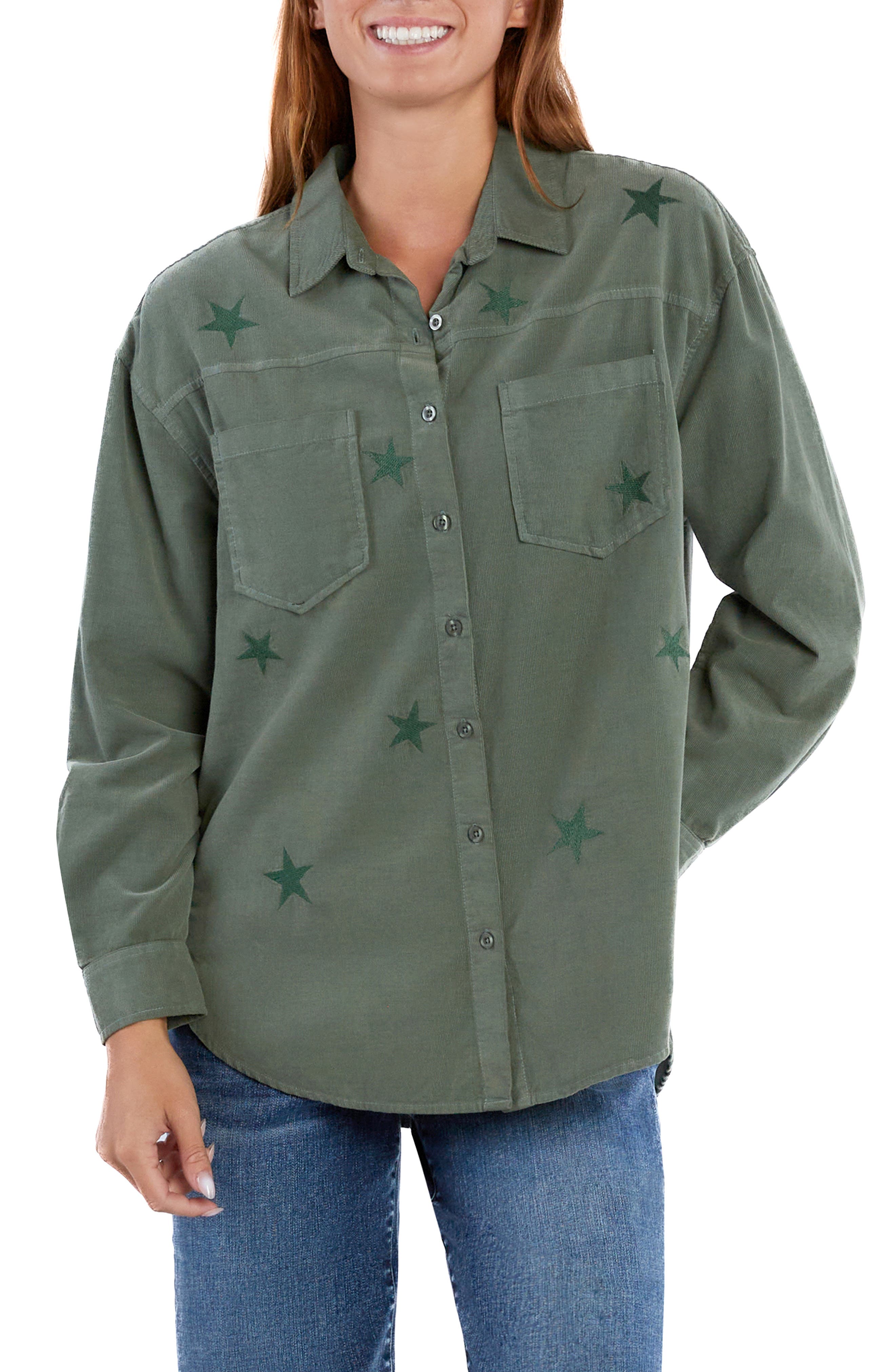 Mighty Star Embroidered Corduroy Button-Up Shirt
