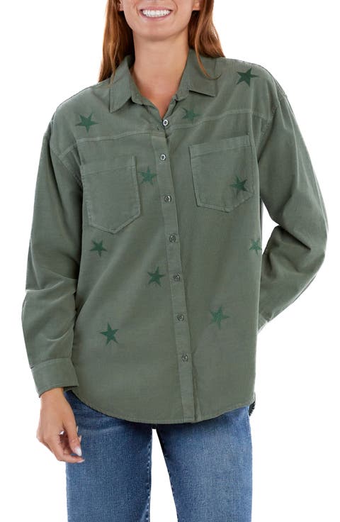 Mighty Star Embroidered Corduroy Button-Up Shirt