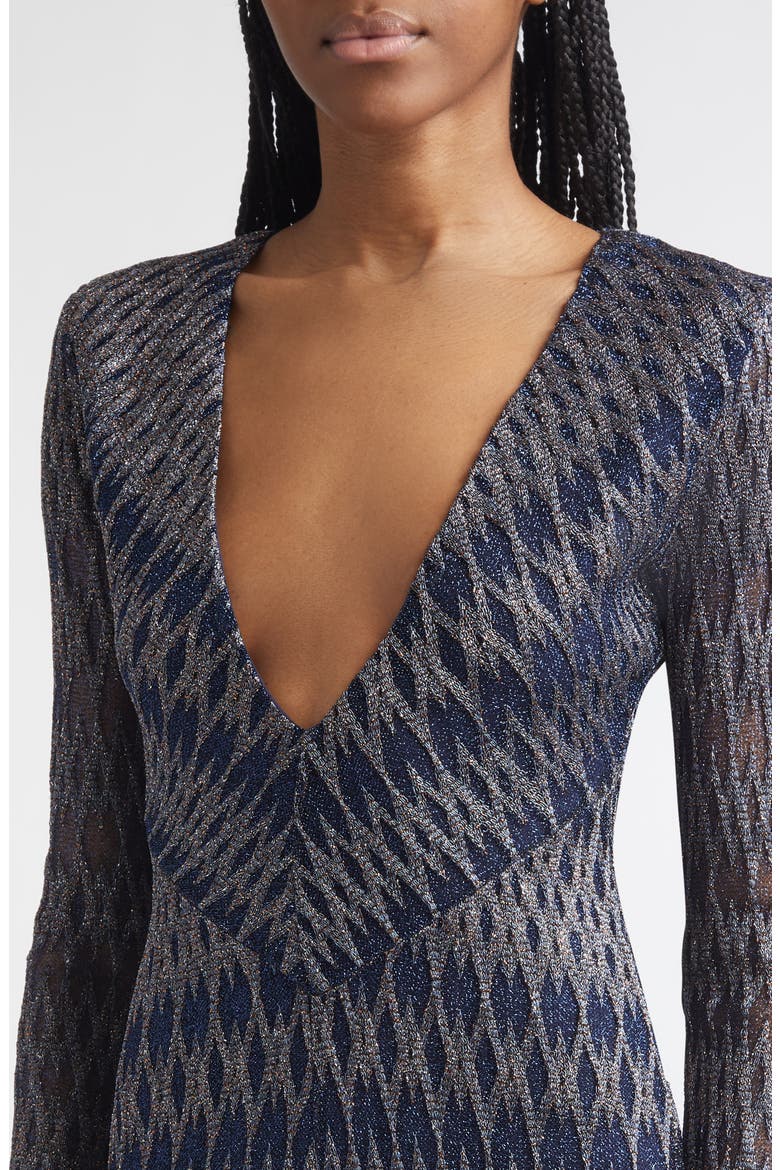 Long Sleeve 3D Diamond Pattern Lamé Maxi Dress, Alternate, color, BLUE TONES