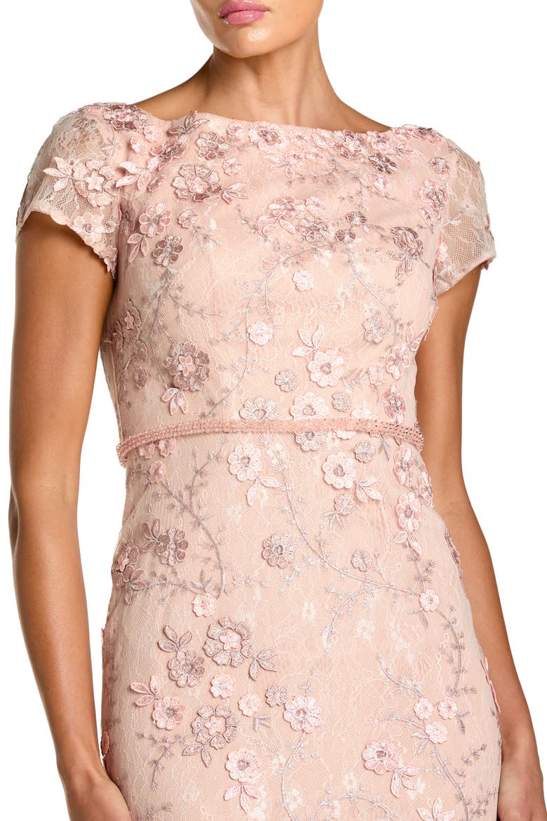 Floral Applique Boat Neck Cap Sleeve Gown, Alternate, color, Blush