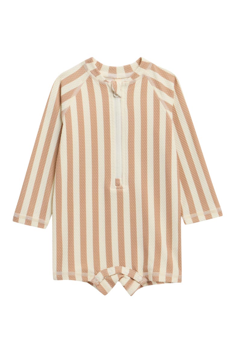 Stripe Long Sleeve UPF 50+ One-Piece Rashguard Swimsuit, Main, color, LATTE