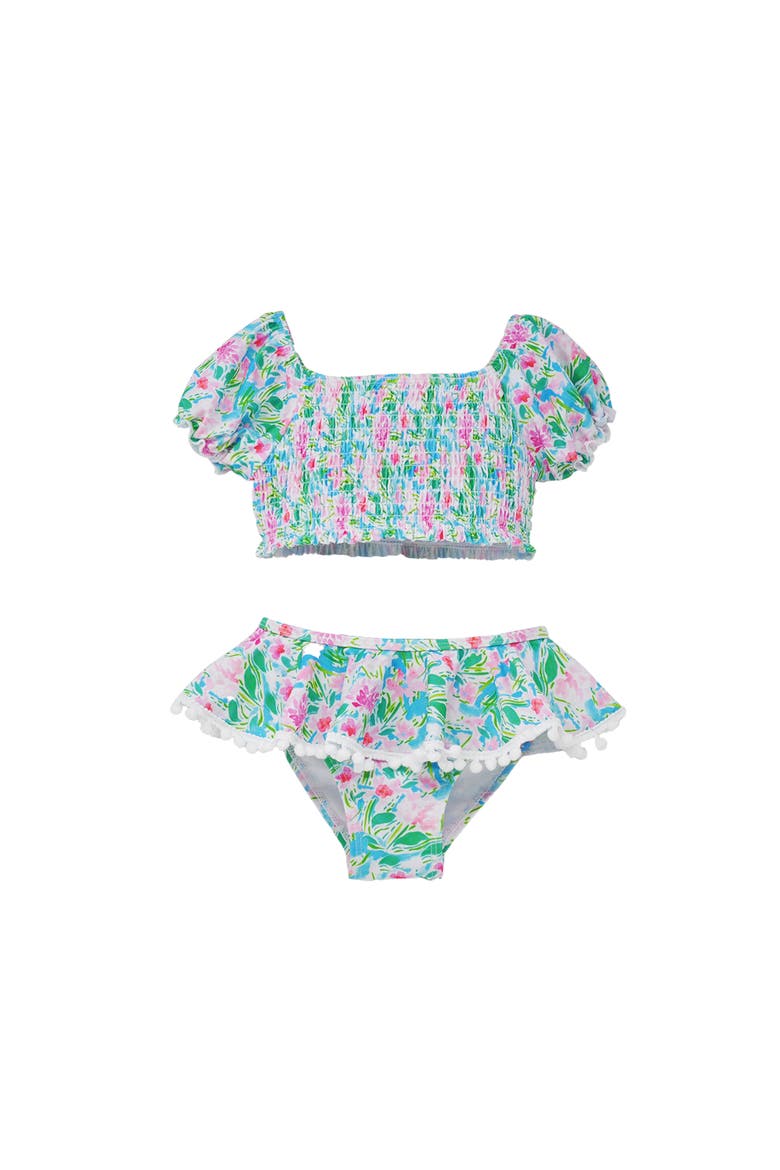 Girl's  UPF 50+ Gemma Two Piece Pom-Pom Swimsuit, Main, color, Lotus & Lillies