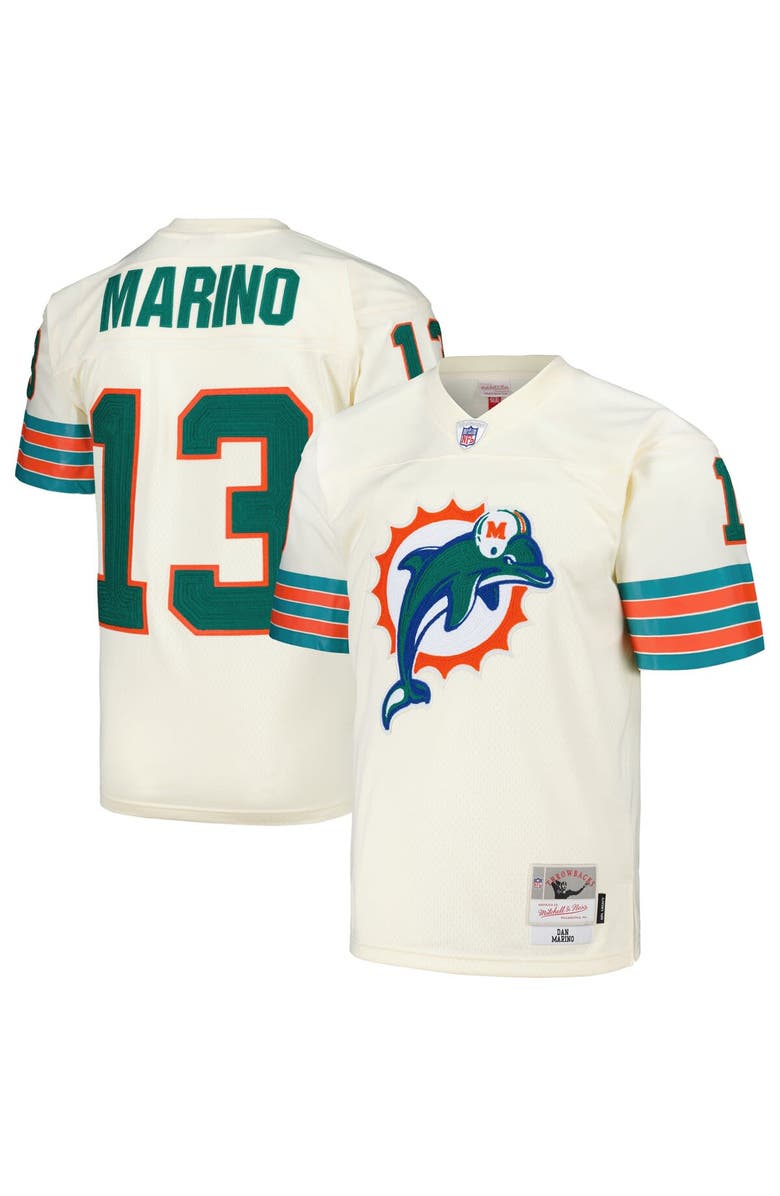 Mitchell & Ness Men's Mitchell & Ness Dan Marino Cream Miami Dolphins Chainstitch Legacy Jersey, Main, color,
