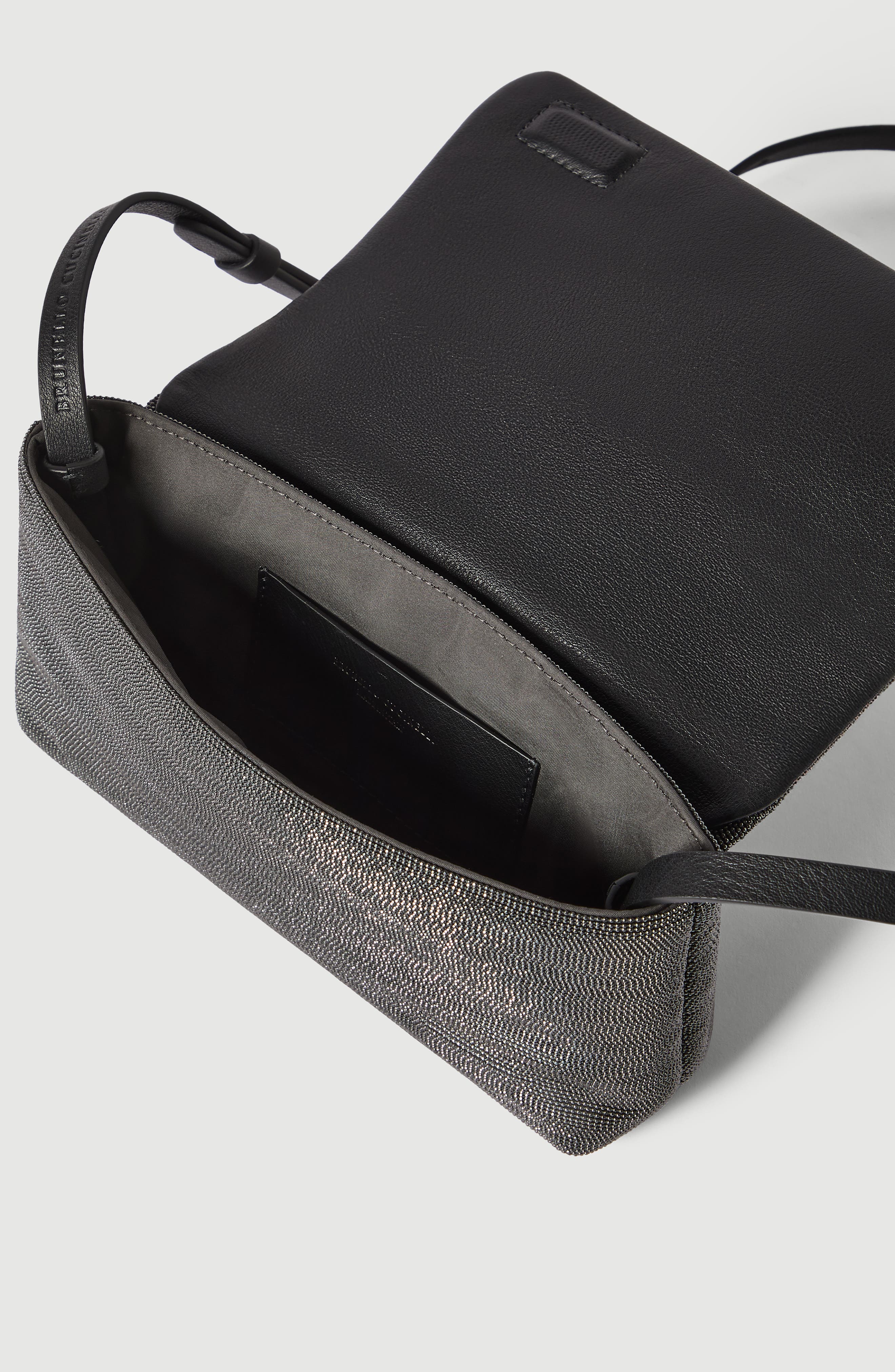 Brunello Cucinelli Precious flap bag in grained leather, Alternate, color, Black