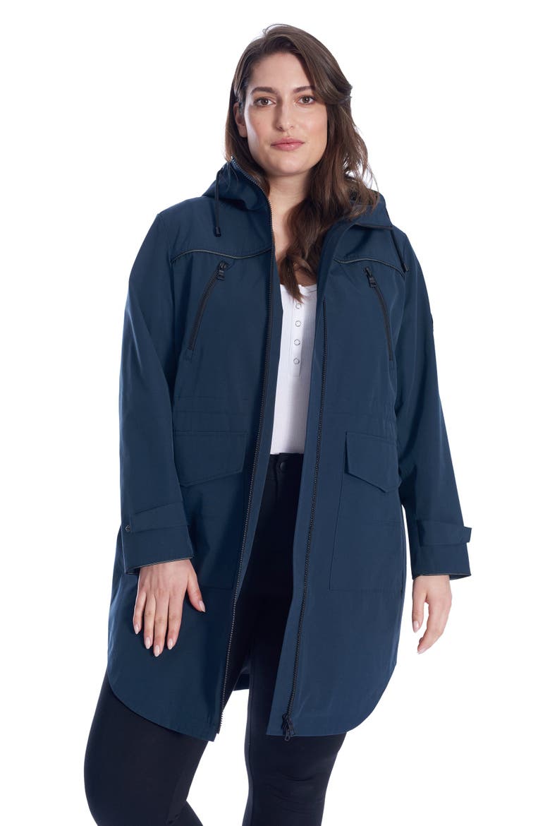 Kusawa Plus Size - Mid-length Hooded Drawstring-Waist Raincoat, Alternate, color, Navy