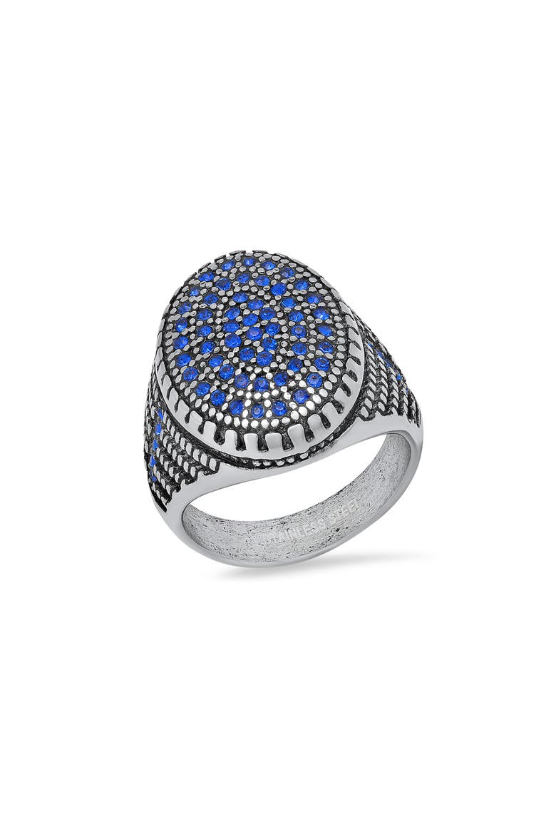 Men's Stainless Steel Pavé Crystal Signet Ring, Main, color, SILVER/ BLUE
