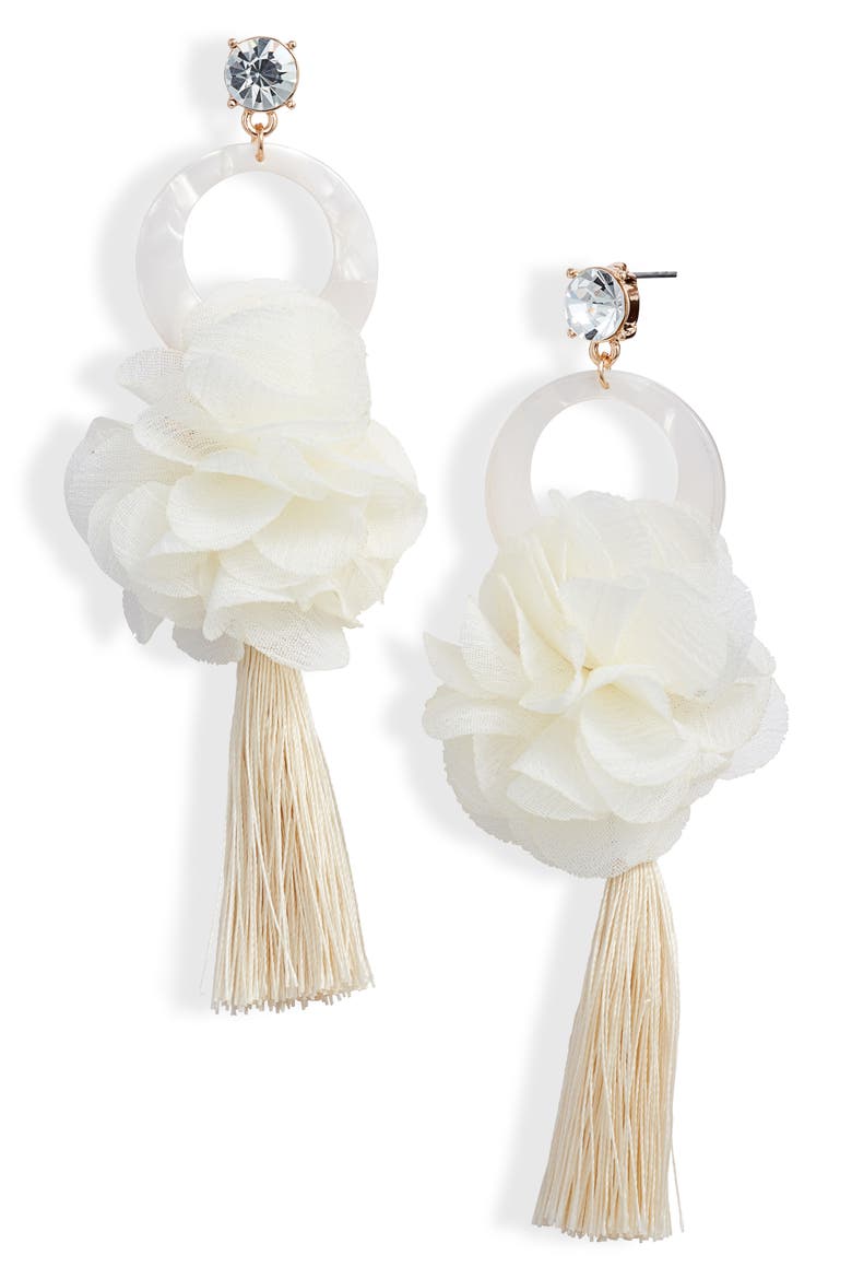 Flower & Tassel Drop Earrings, Main, color, CLEAR- IVORY- GOLD