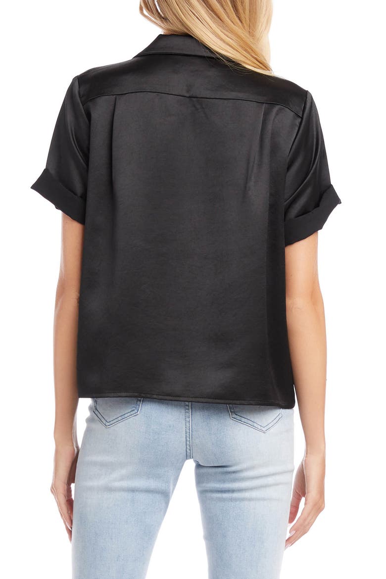 Roll Sleeve Tie Front Satin Top, Alternate, color, BLACK