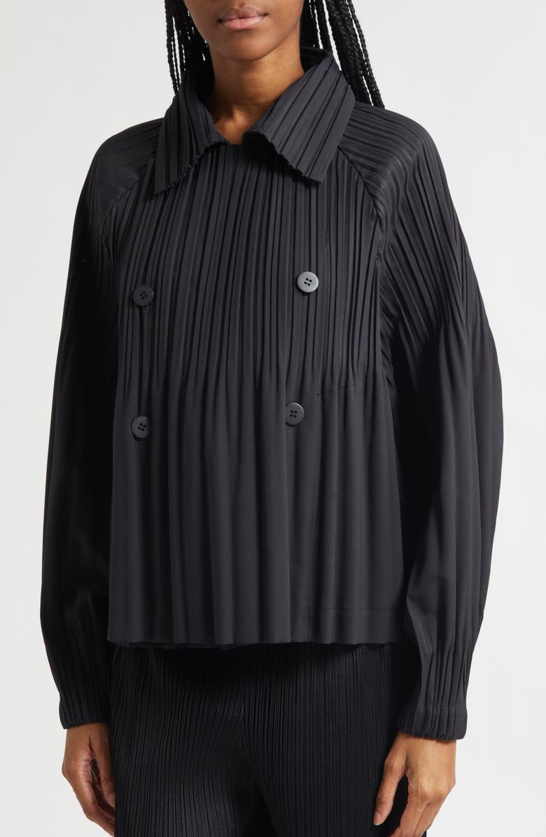 Pleats Please Issey Miyake Pleated Double Breasted Jacket, Alternate, color, Black