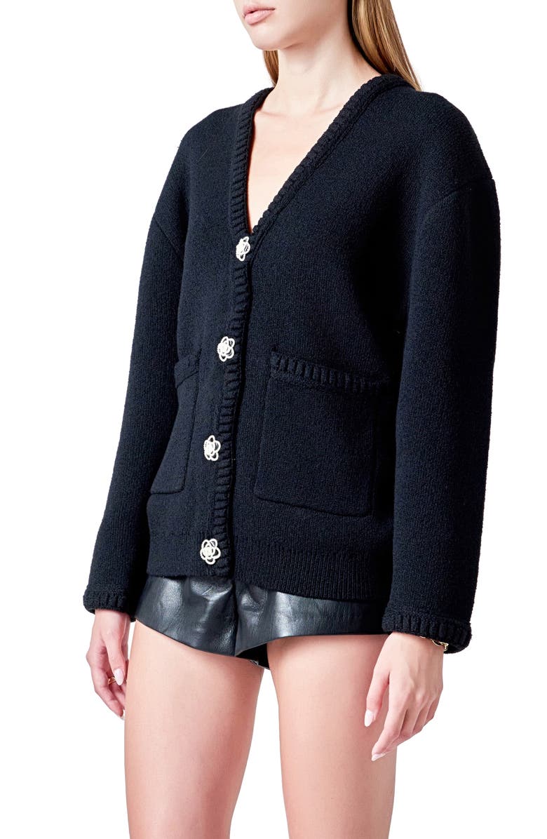 Endless Rose Floral Button V-Neck Cardigan, Alternate, color, Black