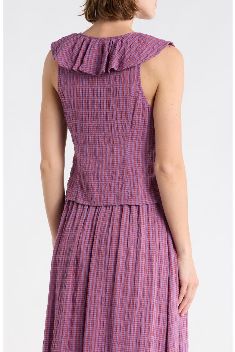 Ruffle V-Neck Sleeveless Top, Alternate, color, PURPLE- RUST MINI GINGHAM