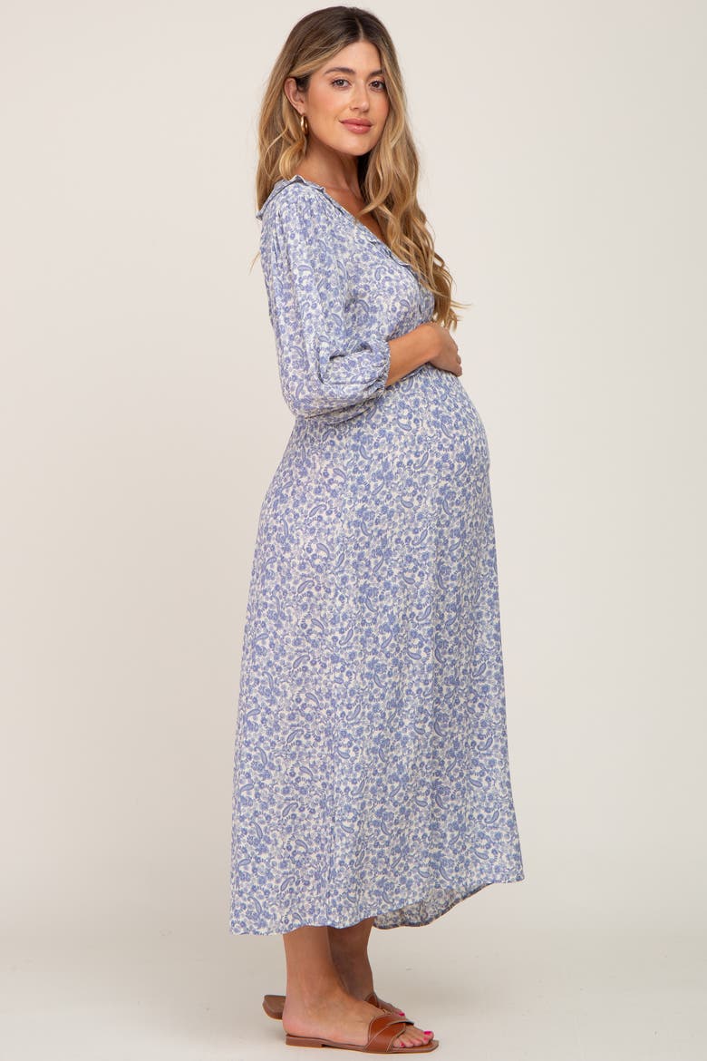 Floral Ruffle V-Neck Midi Dress, Alternate, color, Blue