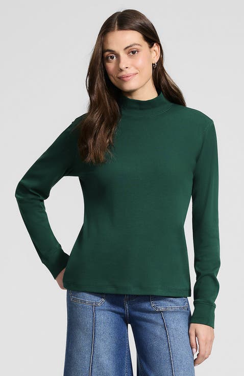 Relaxed Cotton Long Sleeve Mock Turtleneck
