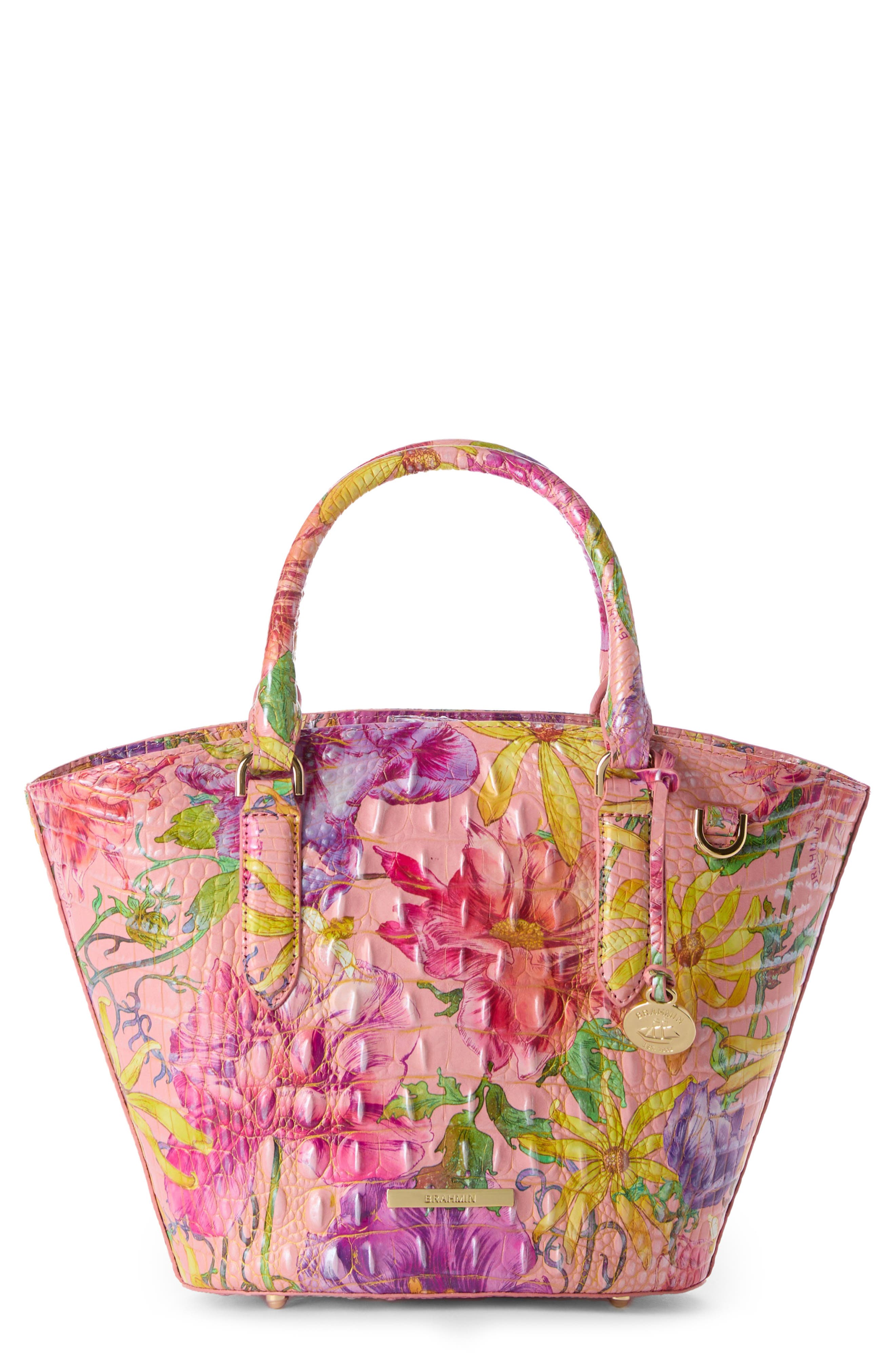 Brahmin Jenny Floral Print Croc Embossed Leather Satchel, Main, color, 