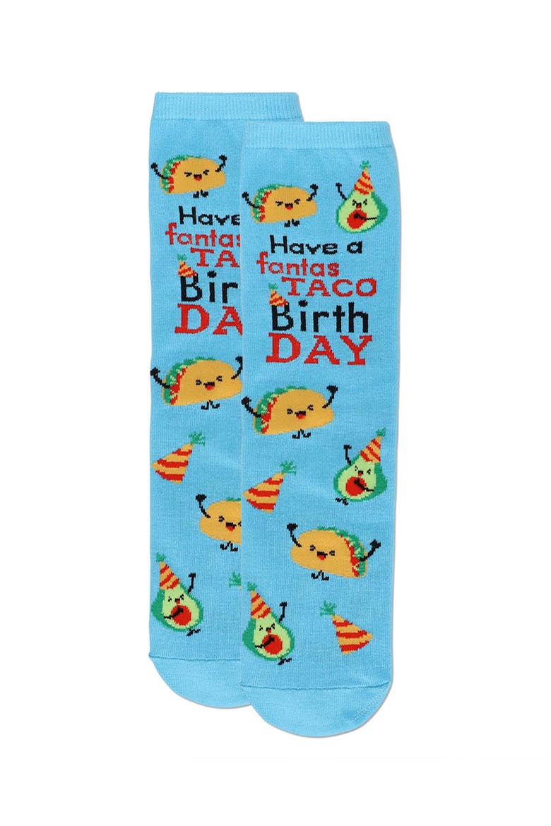 Big Kid's Have a FantasTACO Birthday Greeting Card Crew Socks, Alternate, color, Blue Grotto