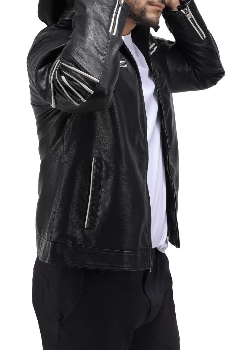 Faux Leather Hooded Moto Jacket with Faux Fur Lining, Alternate, color, BLACK/ WHITE