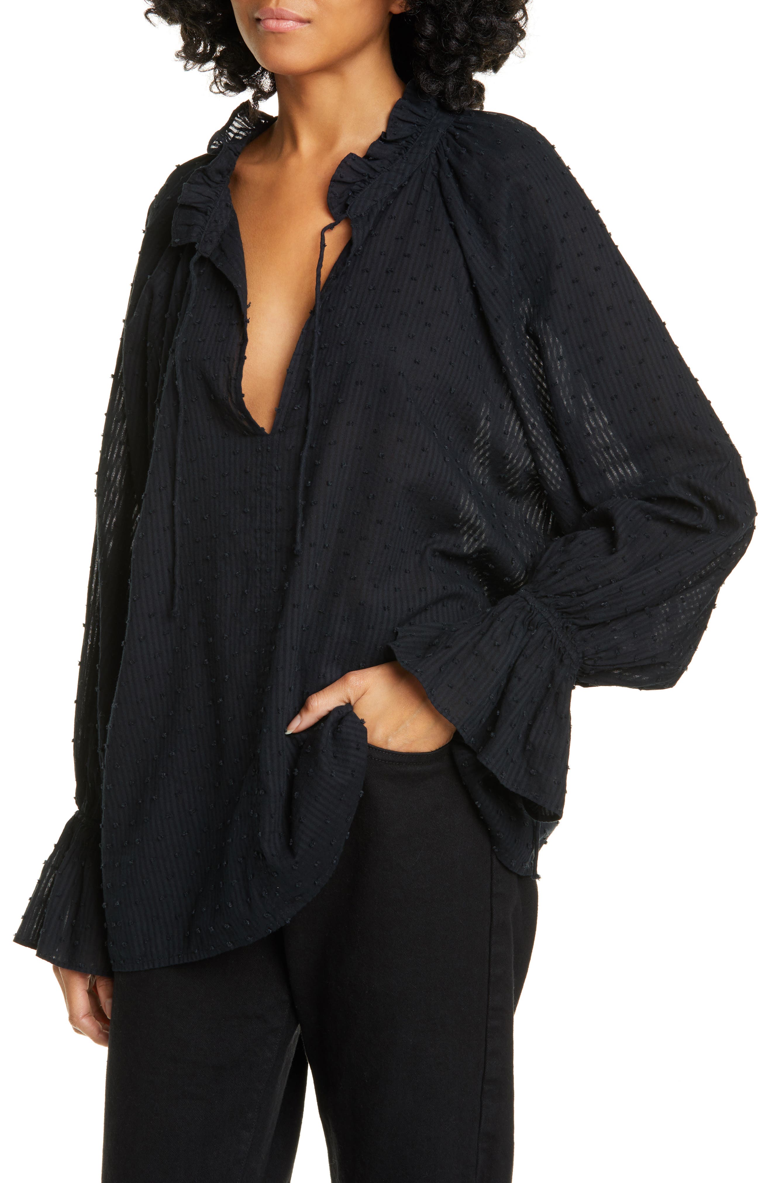 Nili Lotan Thelina Ruffled Keyhole Peasant Top (Women) | Nordstromrack