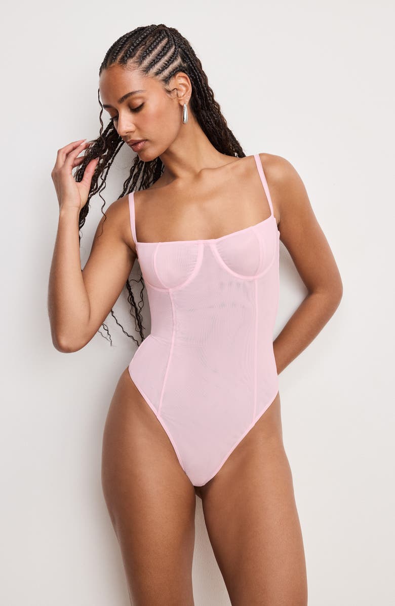 Good American Corset Demi Mesh Bodysuit, Alternate, color, Bubblegum005