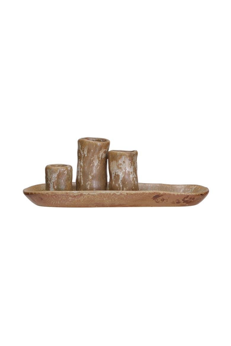 Stoneware Vases and Candle Holder on Tray, Brown, Main, color, Brown