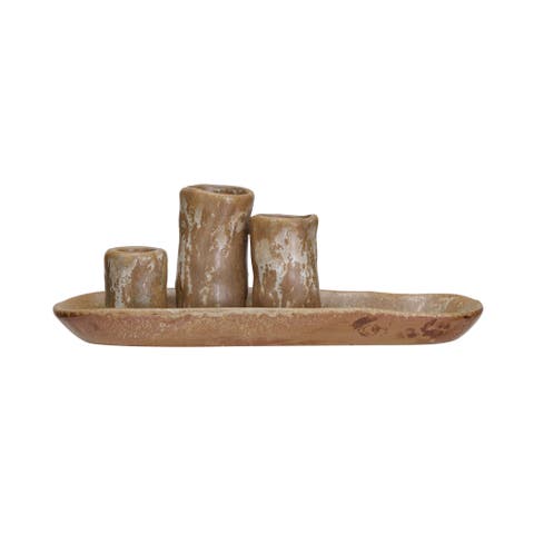 Stoneware Vases and Candle Holder on Tray, Brown