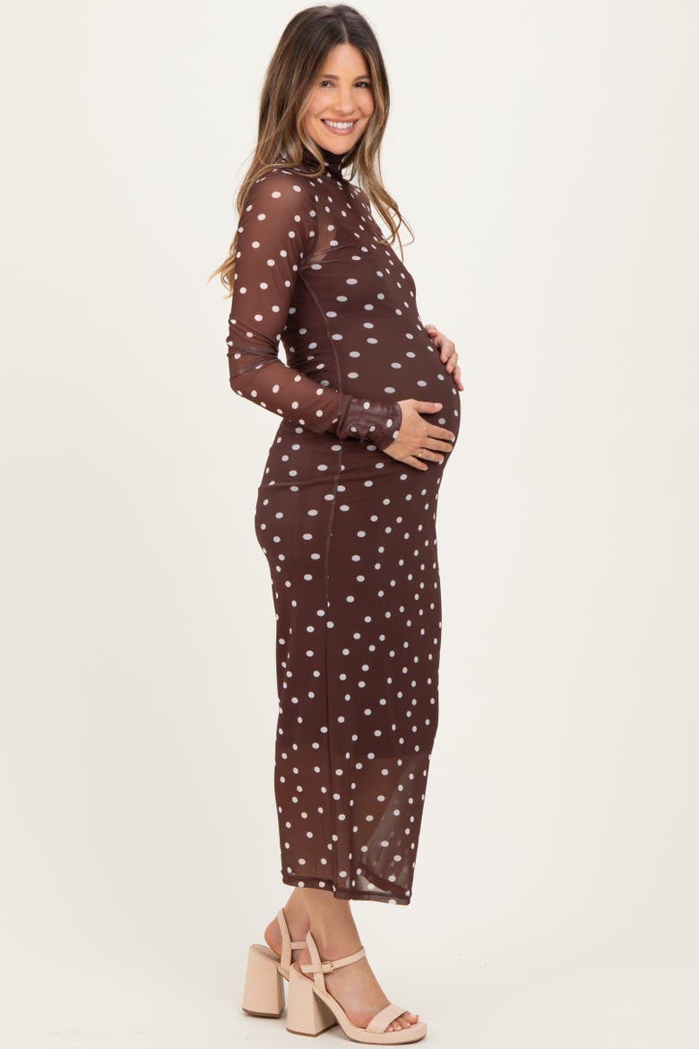 Polka Dot Mesh Overlay Midi Dress, Alternate, color, Brown