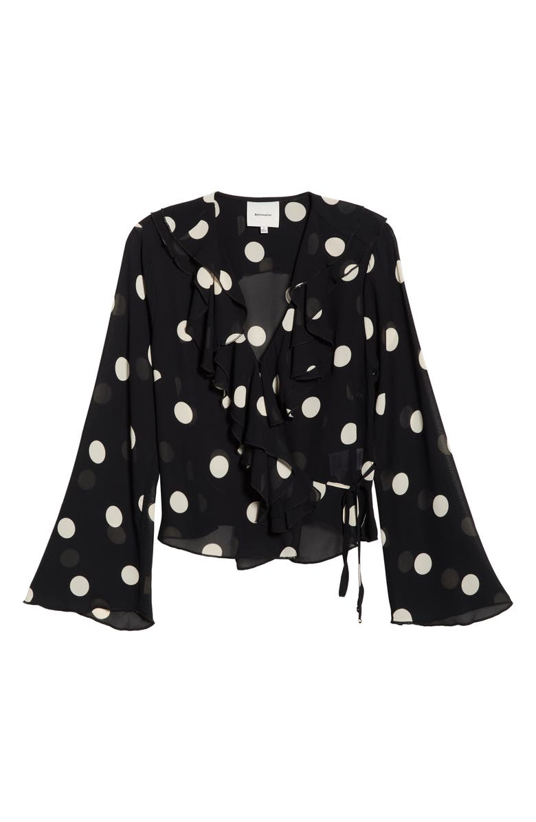 Reformation Kilah Ruffle Neck Polka Dot Wrap Top, Alternate, color, Moon Dot