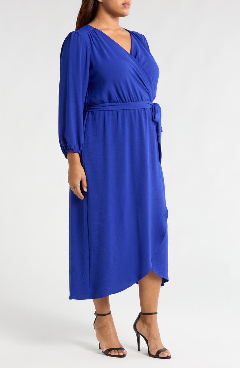 Connected Apparel Tie Waist Long Sleeve Wrap Dress, Alternate, color, Saphire