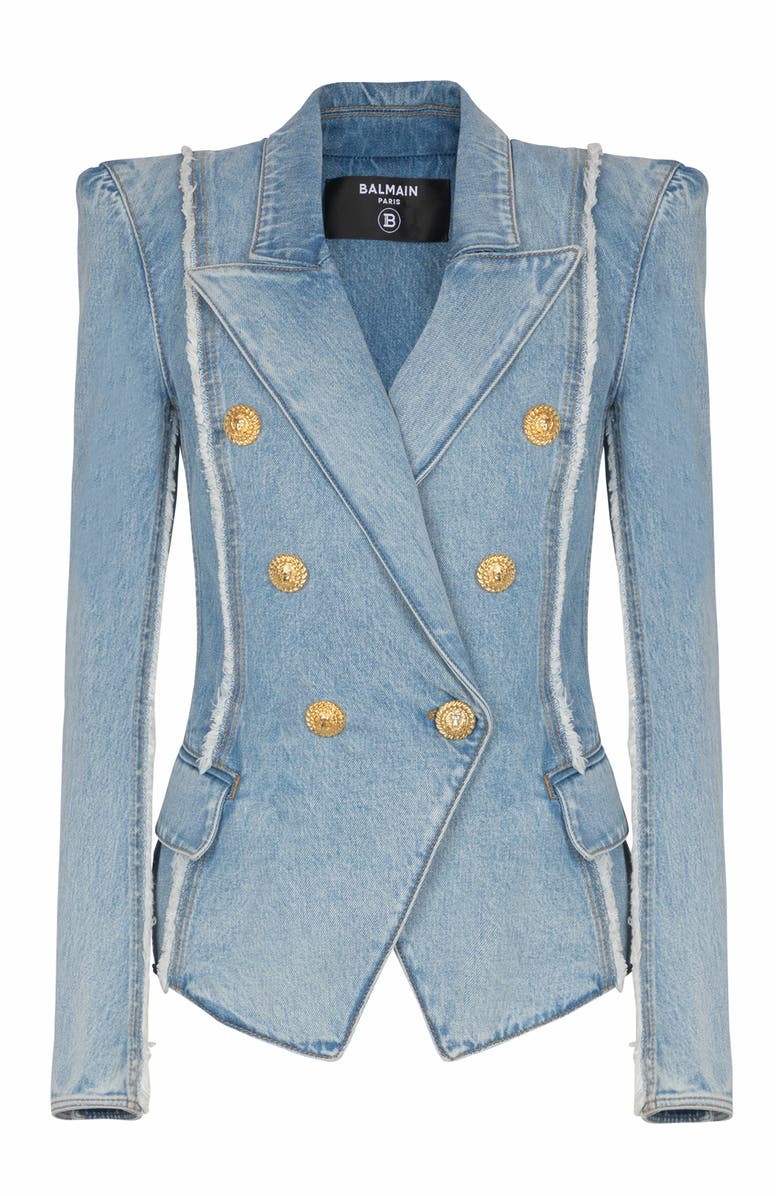 Balmain 6-Button Tailored Denim Jacket, Main, color, Blue