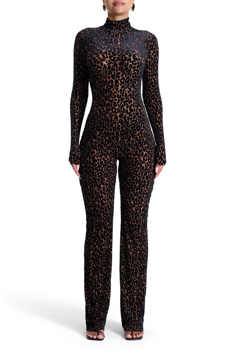 Naked Wardrobe Burnout Long Sleeve Jumpsuit, Main, color, Leopard Nude