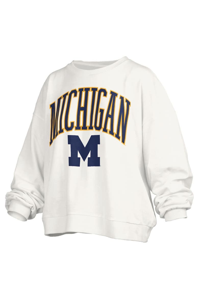 Women's Pressbox White Michigan Wolverines Janise Arch Over Logo Waist Length Oversized Pullover Sweatshirt, Alternate, color, White
