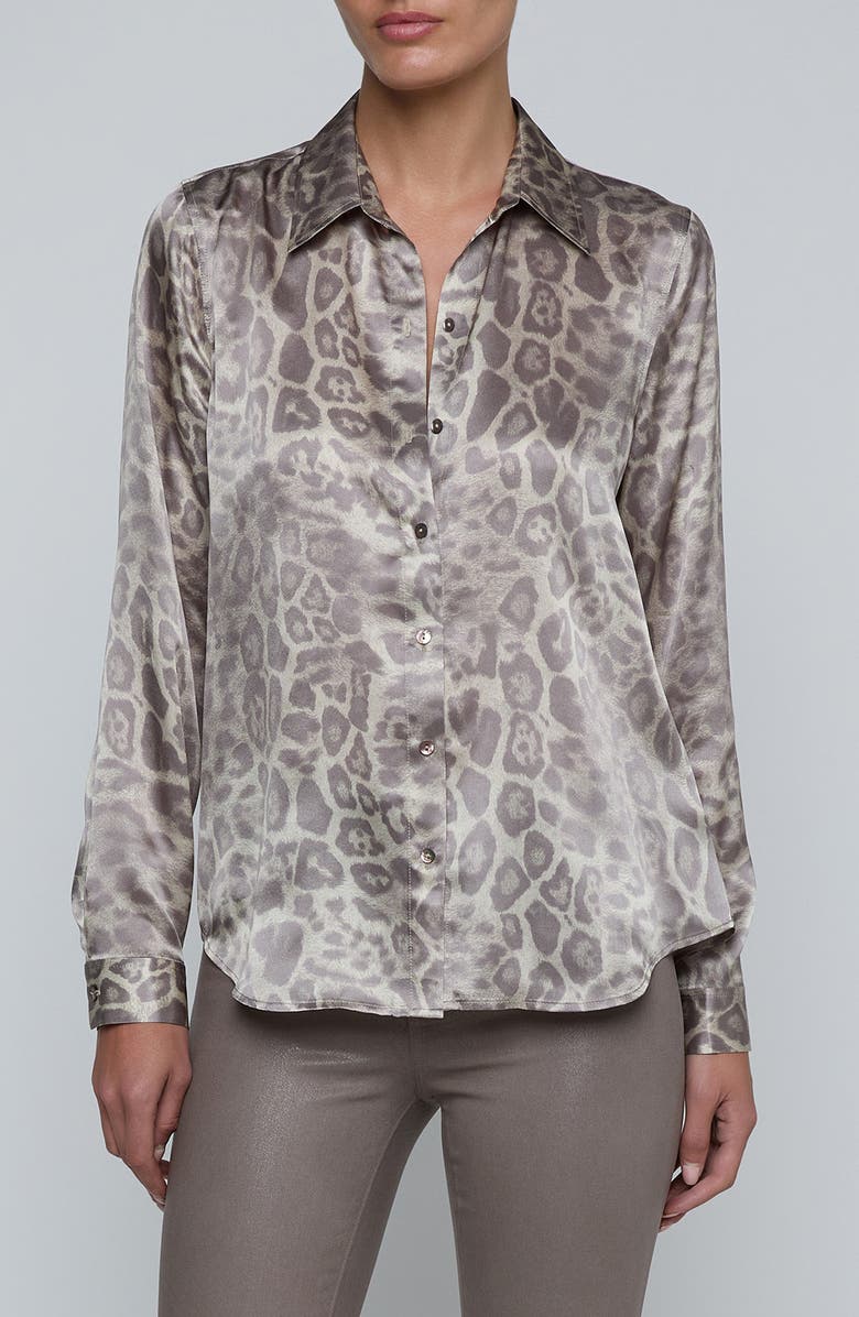 L'AGENCE Tyler Leopard Print Silk Button-Up Shirt, Main, color, Grey Multi Patch Leopard