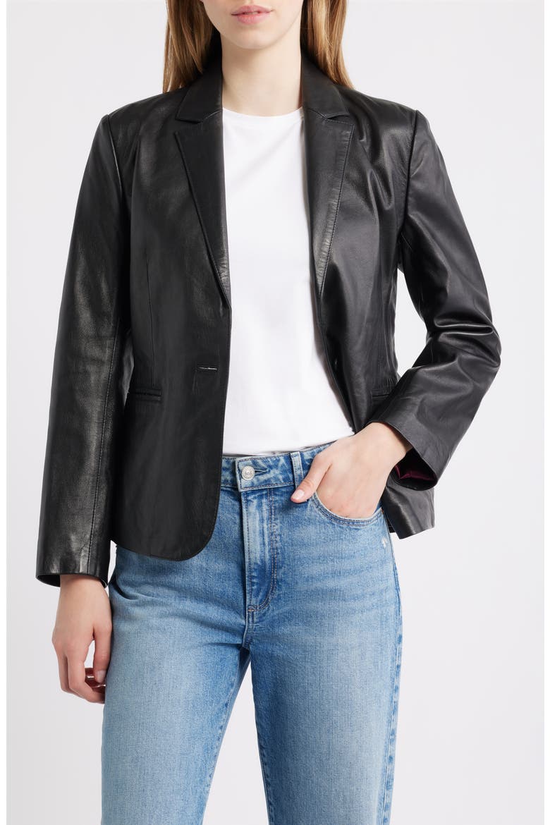 Fitted Leather Blazer, Main, color, BLACK
