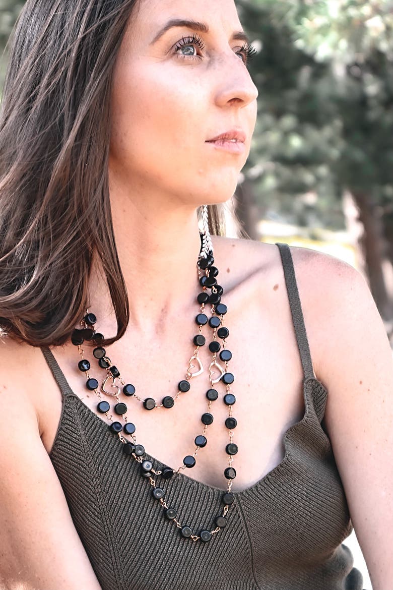 Onyx Black Glass Bead 3-Layer Necklace, Alternate, color, Black