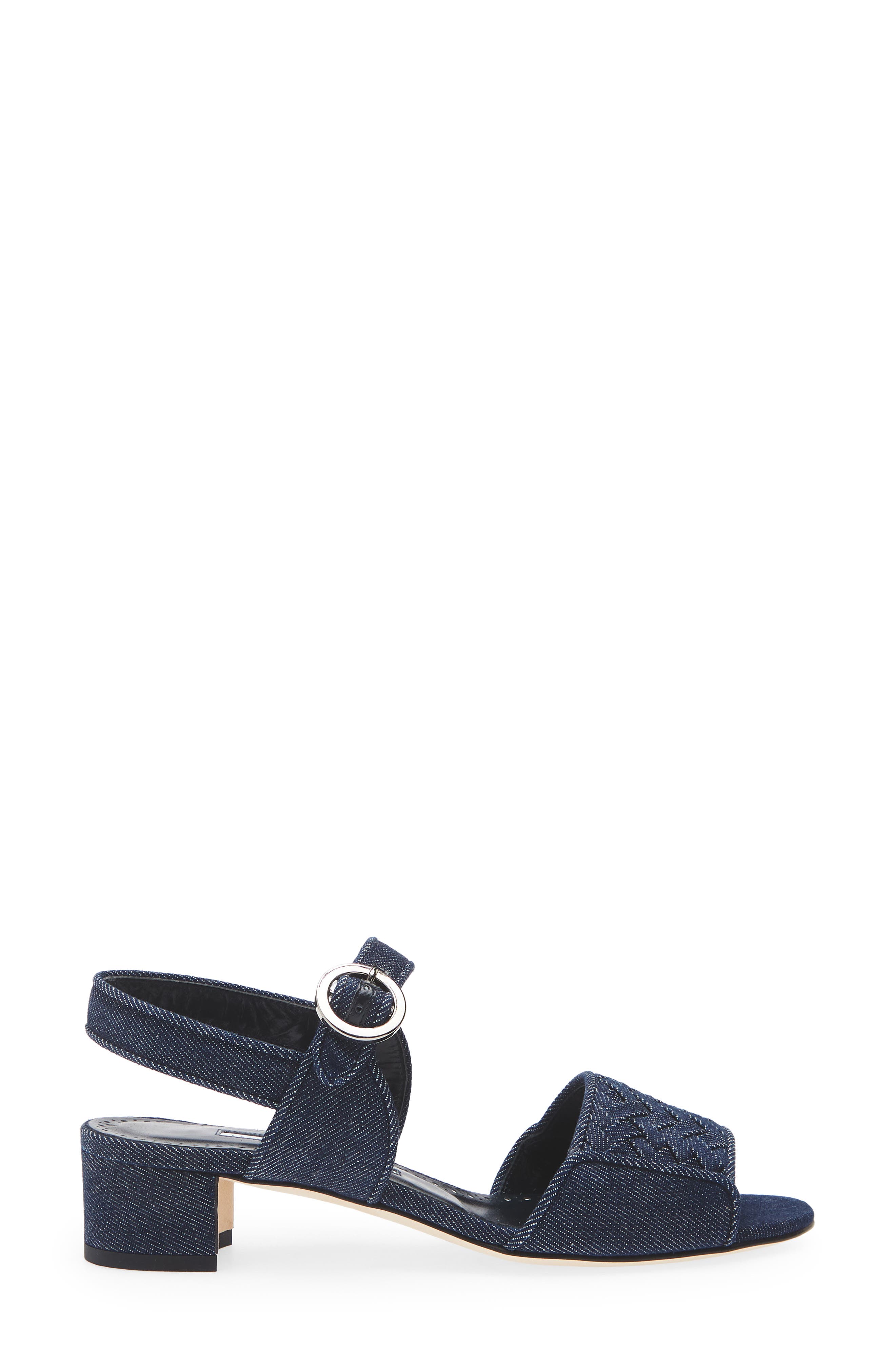 Manolo Blahnik Vibius Block Heel Slingback Sandal, Alternate, color, Dark Blue Chambray