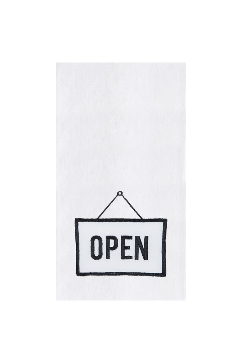 Open/Closed Typography Phrases Embroidered Reversible Kitchen Hand Towel, Main, color, Black