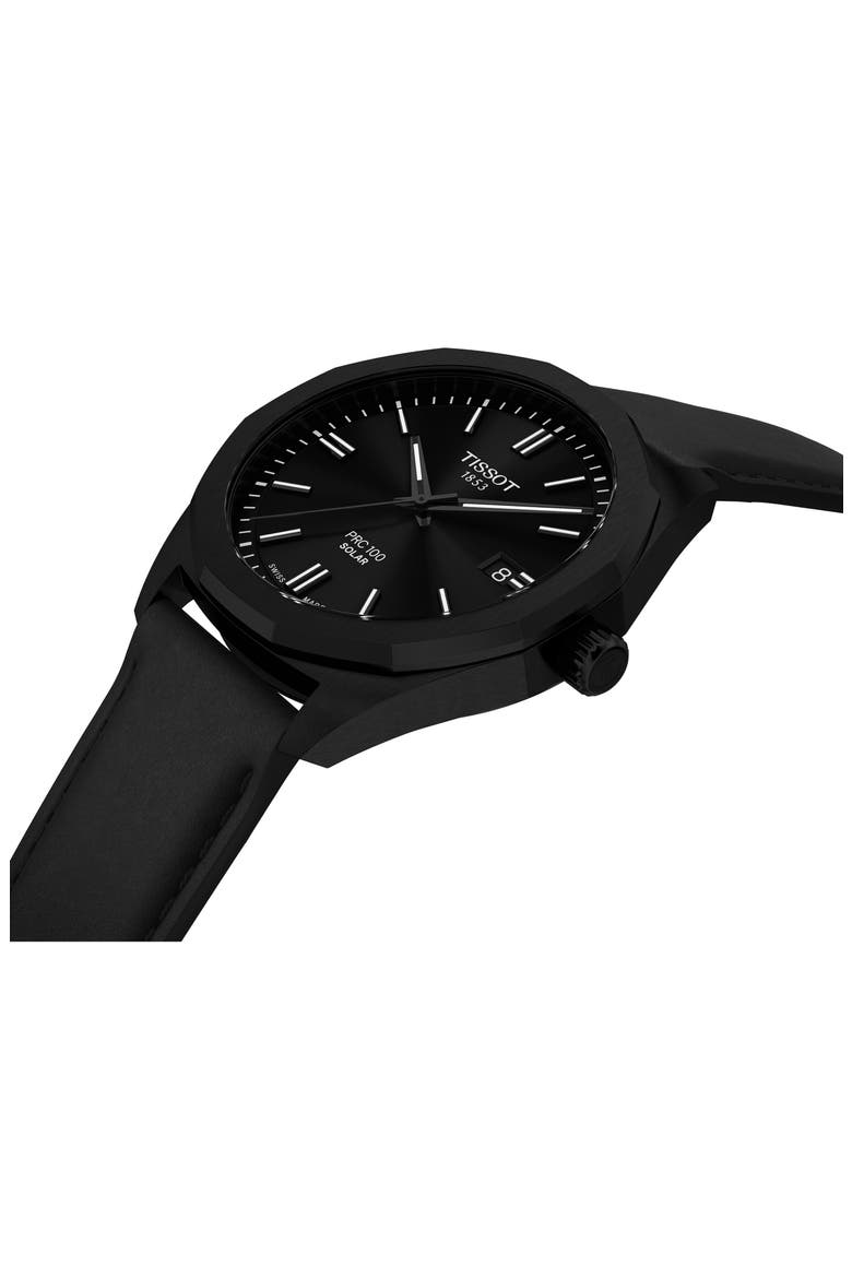 PRC 100 Solar Quartz Leather Strap Watch, 39mm, Alternate, color, BLACK