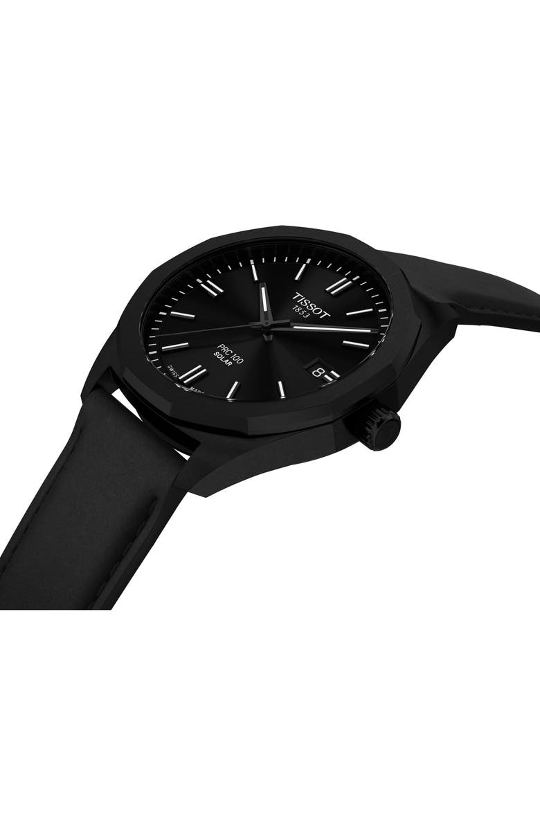 Tissot PRC 100 Solar Quartz Leather Strap Watch, 39mm, Alternate, color, Black
