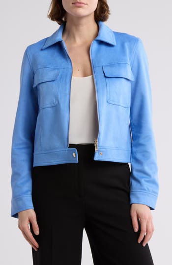 Elie Elie Tahari Collared Faux Suede Jacket In Blue