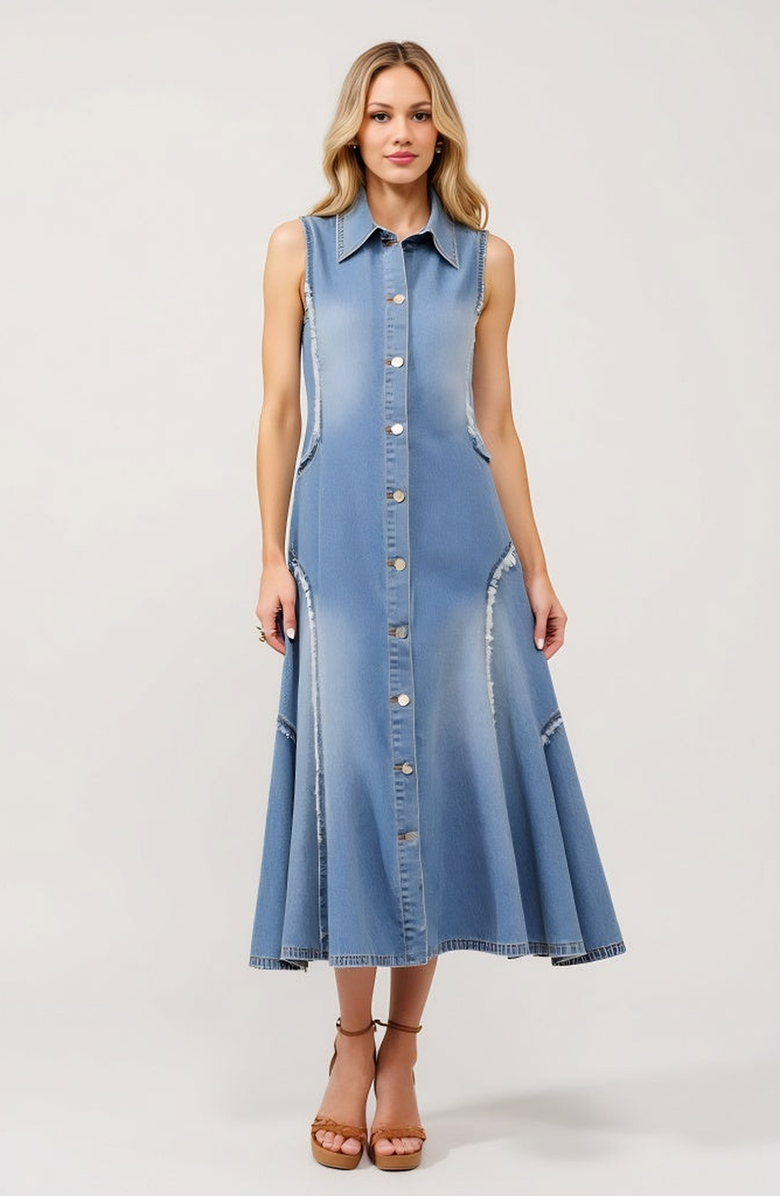 Modenaire Sleeveless Denim Midi Dress with Frayed Seams and Button Front, Main, color, Blue