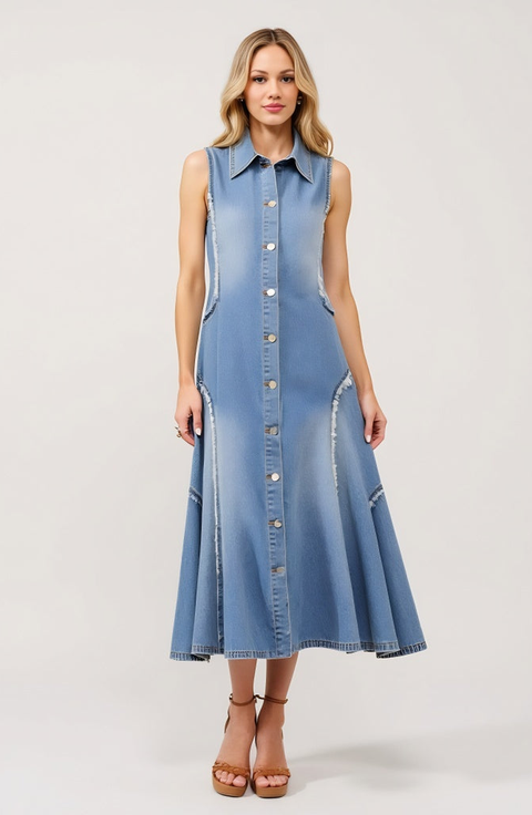 Sleeveless Denim Midi Dress with Frayed Seams and Button Front