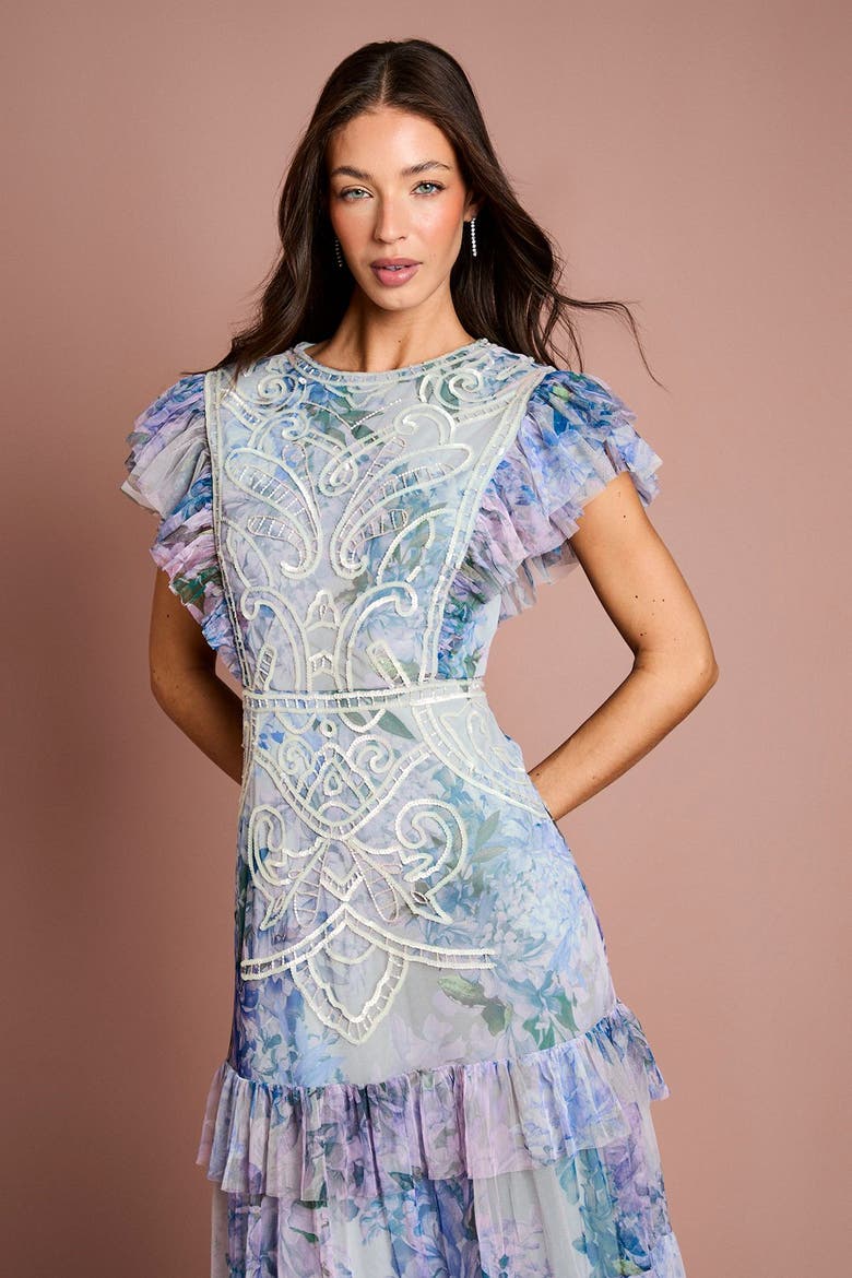 Embroidered Ruffle Floral Maxi Dress, Alternate, color, Blue