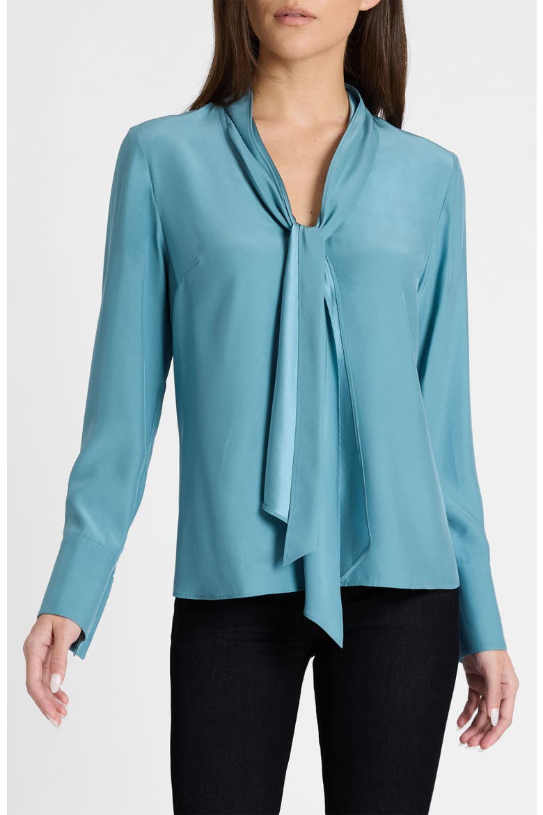 Amanda Silk Long Sleeve Tie Neck Blouse, Main, color, Steel Teal