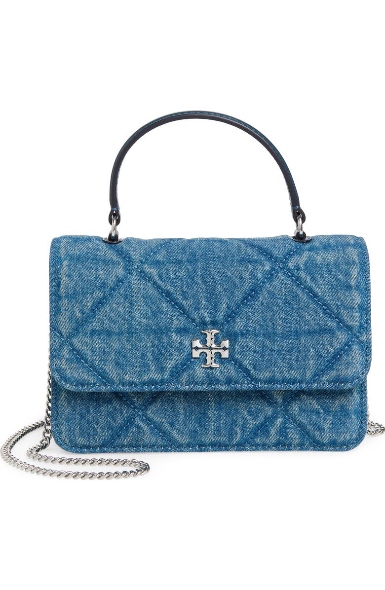 Tory Burch Mini Kira Diamond Quilted Denim Tote, Main, color, Blue