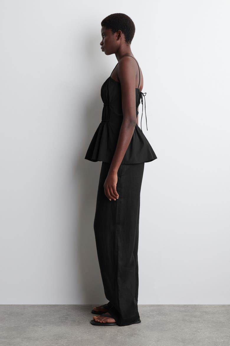 Gathered Cotton Peplum Top, Alternate, color, BLACK