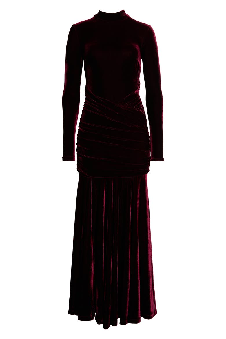 Korina Long Sleeve Velvet Gown, Main, color, BURGUNDY