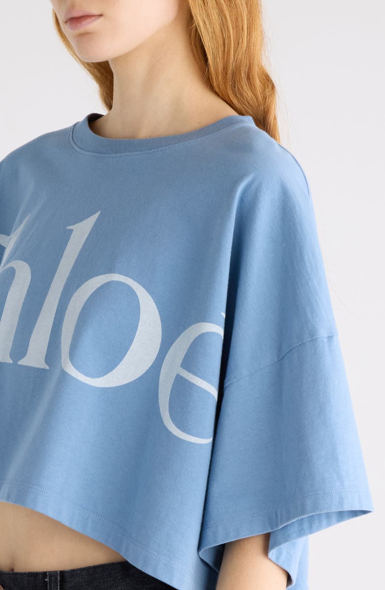 Chloé Oversize Signature Logo Crop Graphic T-Shirt, Alternate, color, Airy Blue