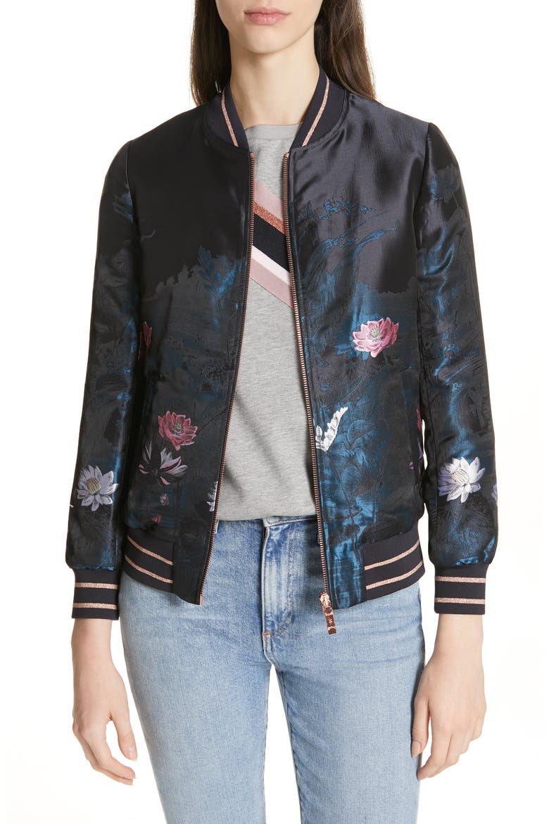 Hayzl Wonderland Jacquard Bomber Jacket, Main, color, TEAL