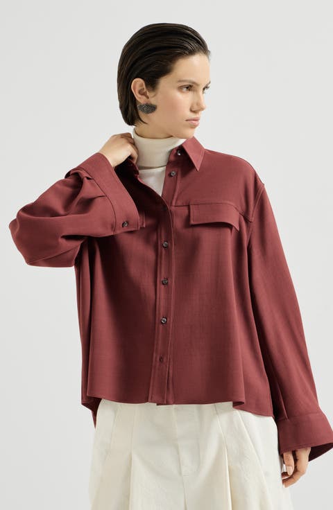 Virgin wool fluid twill cropped shirt