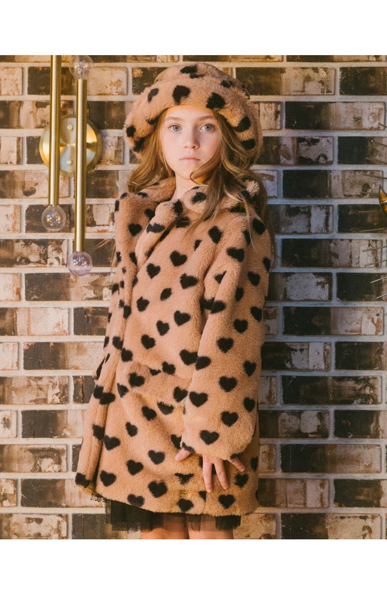 Deux par Deux Girl's Faux Fur Long Coat Caramel Printed Heart, Alternate, color, 