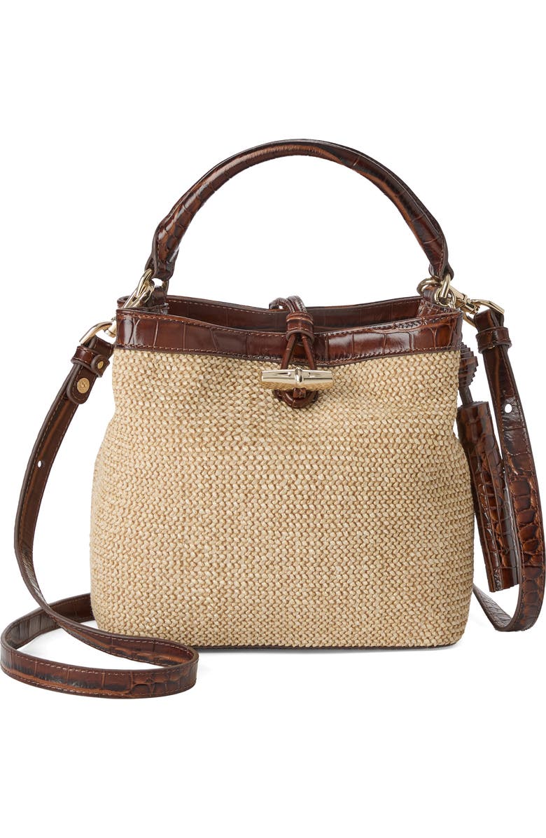 Brahmin Mini Amelia Embossed Leather Top Handle Bucket Bag, Alternate, color, Pecan